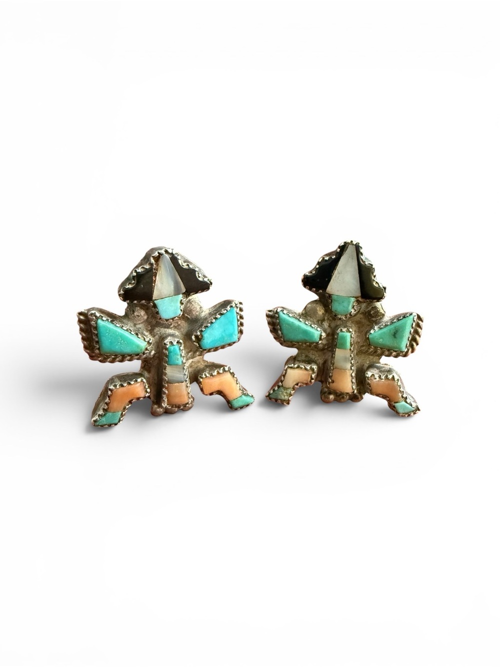 Vintage Zuni Sterling Silver Kachina Inlay Earrings Turquoise Spiny Oyster 8g
